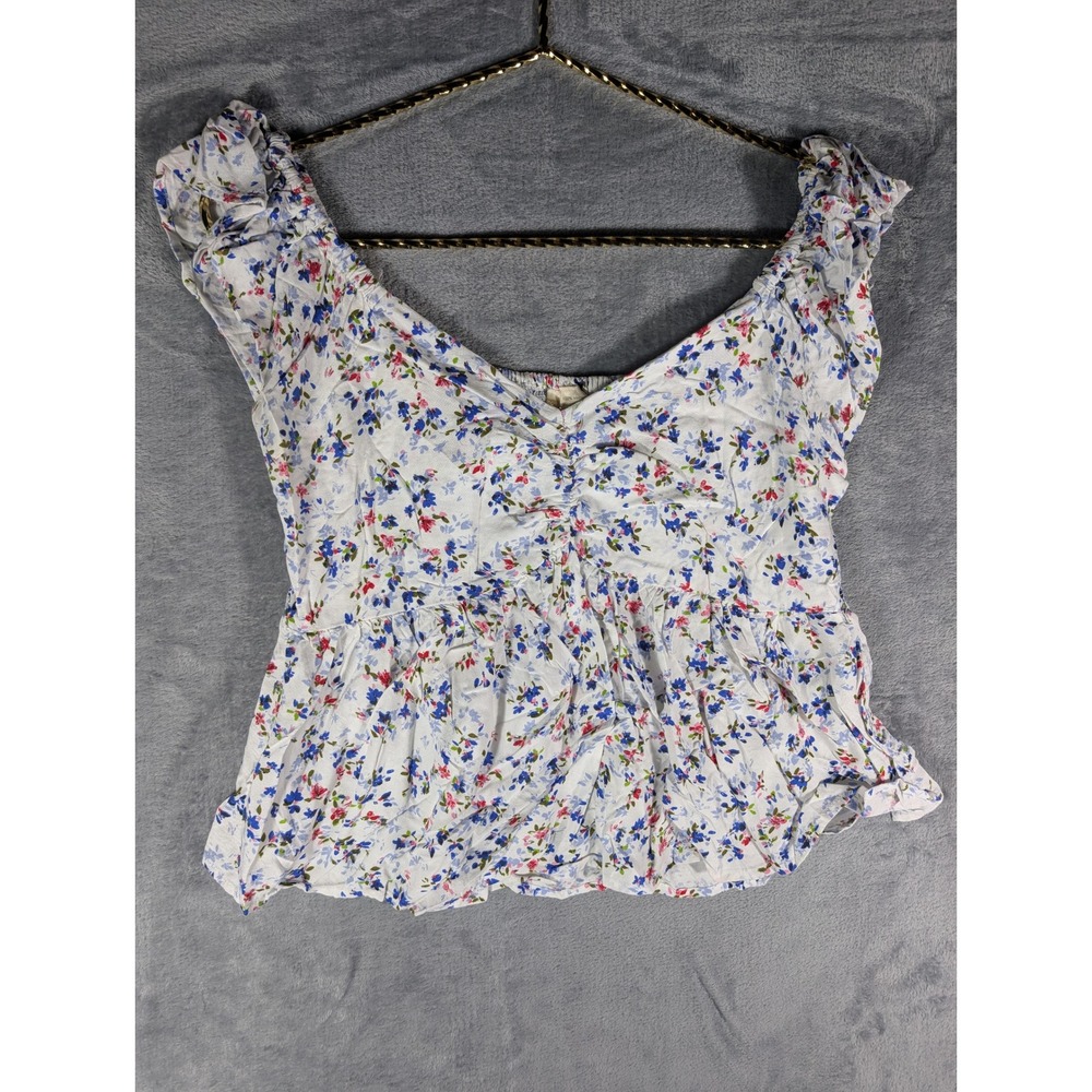 Japna Womens White Floral Smocked Back Babydoll Cap Sleeve Top Blouse Size Small